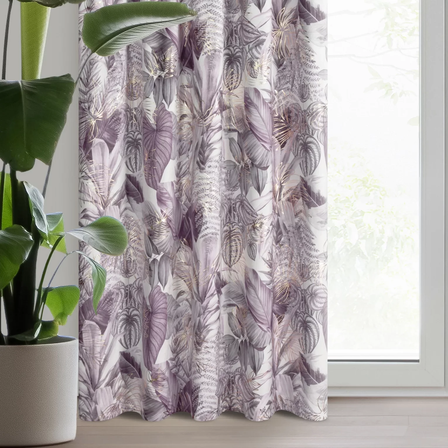 Zasłona welwetowa biało, fioletowa ze wzorem egzotycznych liści 140x270 cm taśma - DAVOS 2
