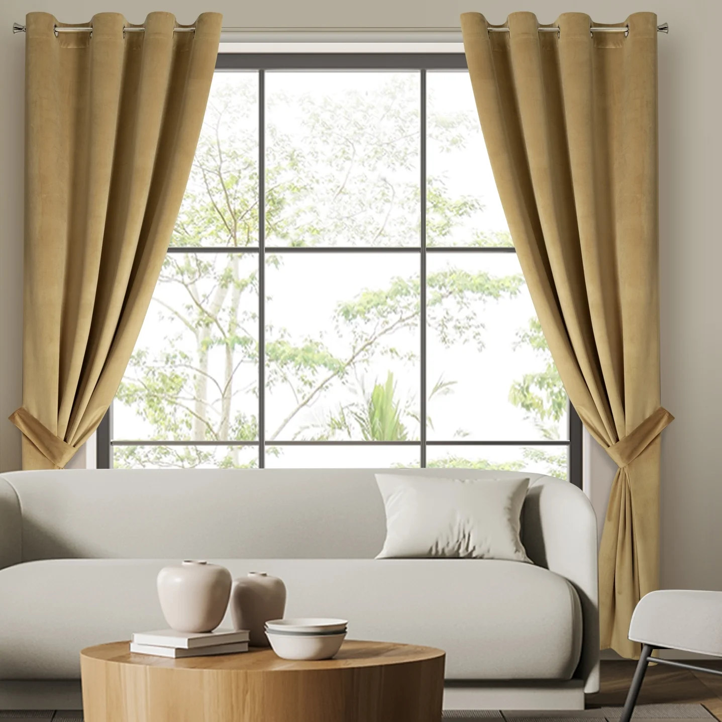 Zasłona welwetowa ciemnobeżowa, troczek w zestawie 140x270 cm przelotka - ANTARA