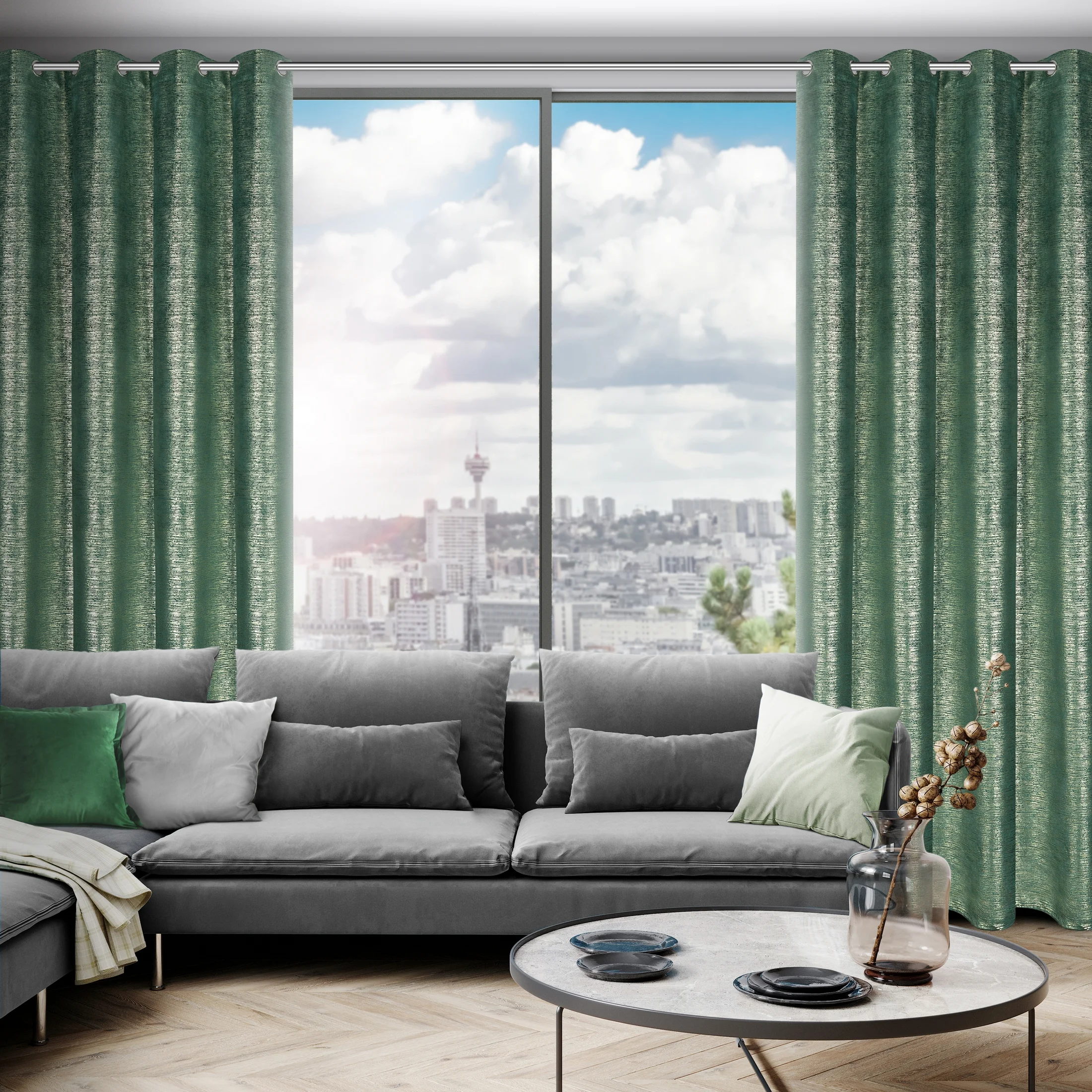 Zasłona welwetowa ciemnozielona z prążkowanym złotym wzorem 140x250 cm przelotka - AMABEL