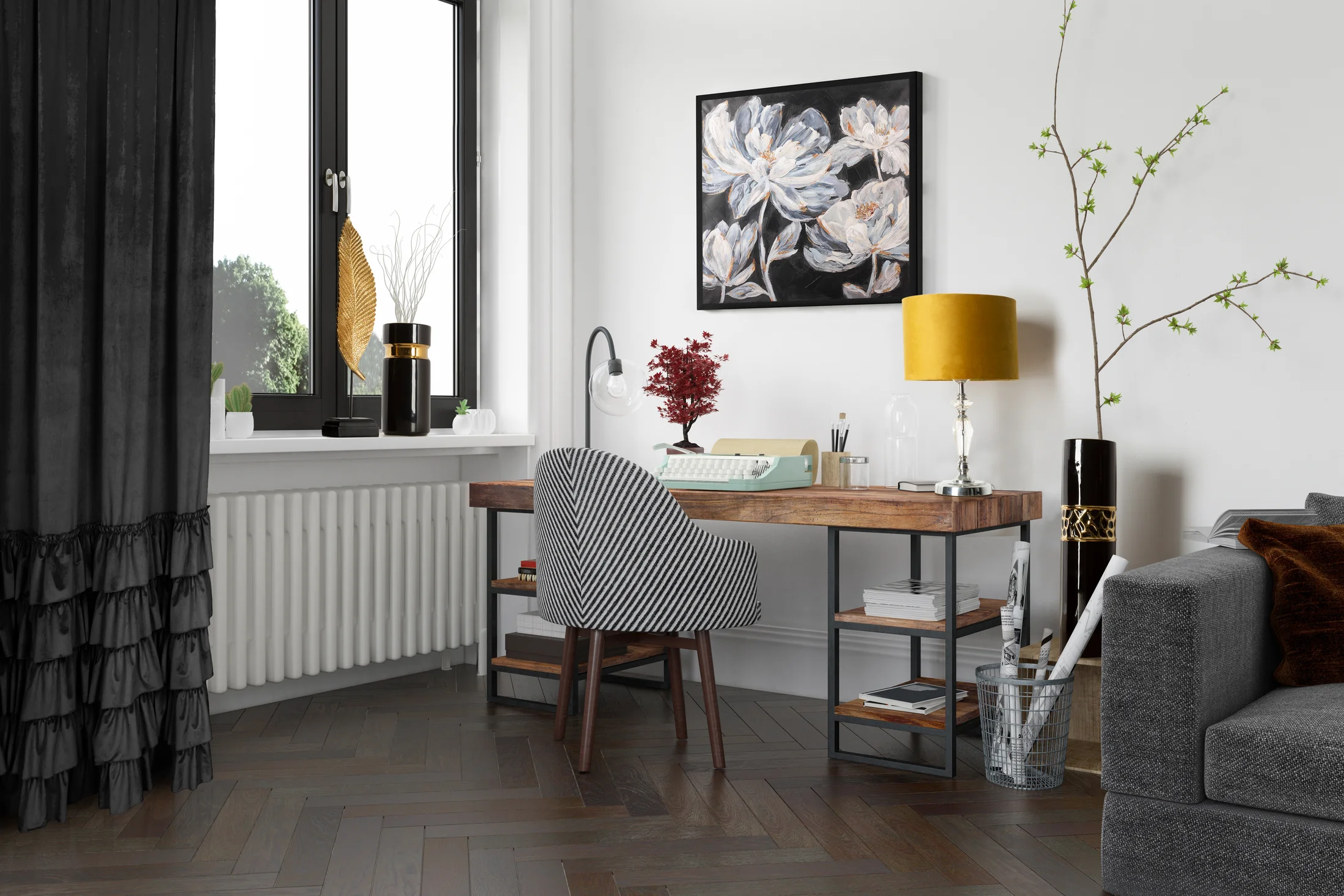 Zasłona welwetowa czarna zdobiona falbanami 140x270 cm taśma - CHARLOTTE