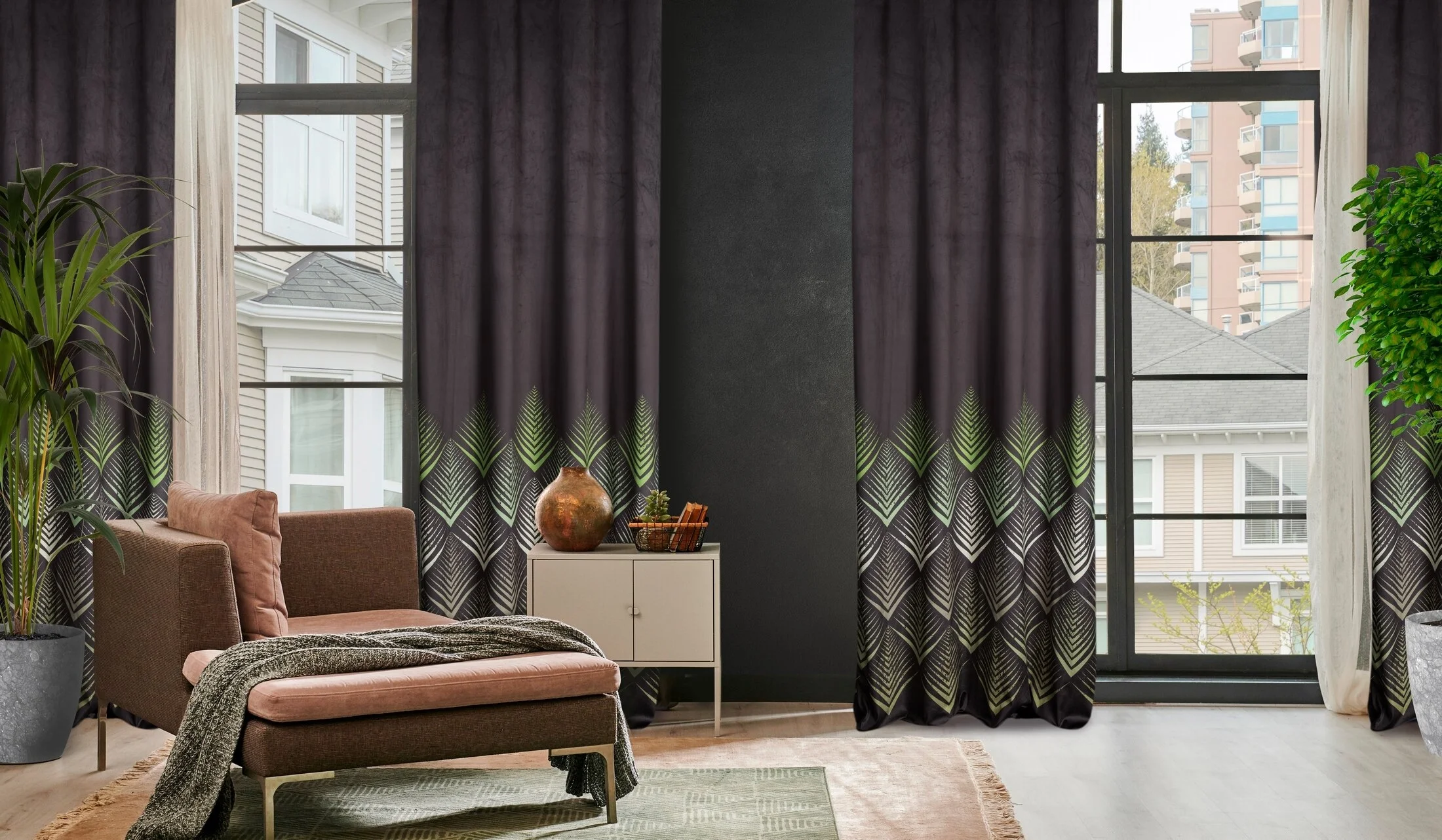 Zasłona welwetowa czarno, oliwkowa z wzorem geometrycznym 140x250 cm przelotka - ANGELINA