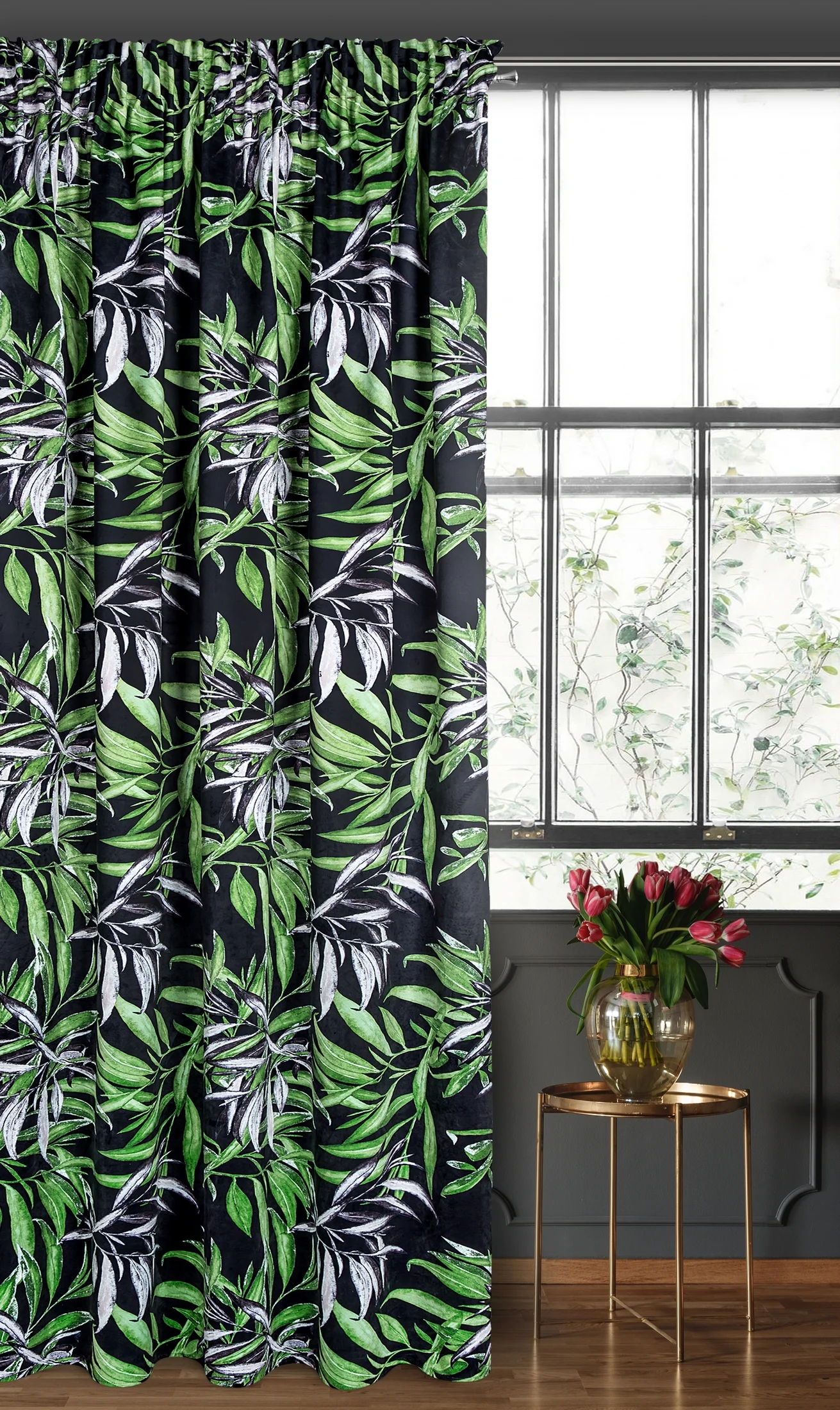 Zasłona welwetowa czarno, zielona w stylu botanic 140x270 cm taśma - ZOJA