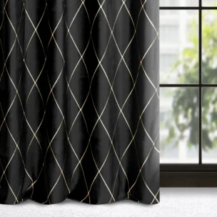 Zasłona welwetowa czarno, złota haftowana w duże karo 140x250 cm przelotka - MARGO - Pierre Cardin