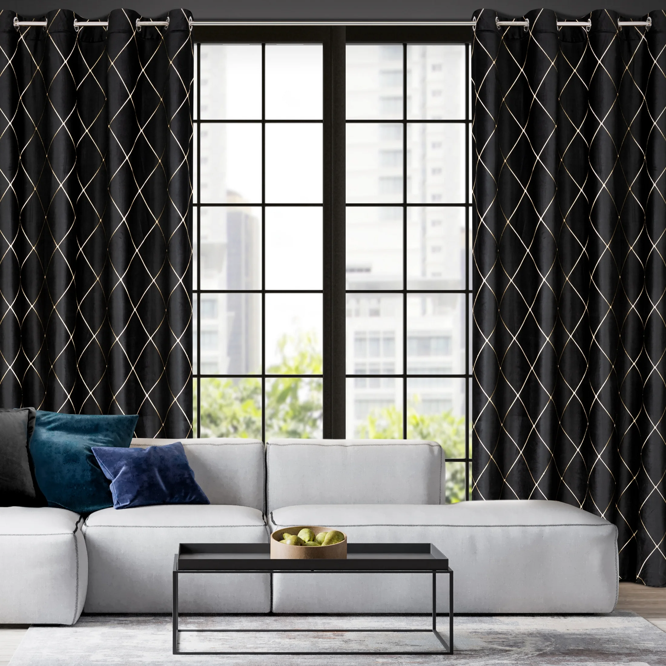 Zasłona welwetowa czarno, złota haftowana w duże karo 140x250 cm przelotka - MARGO - Pierre Cardin