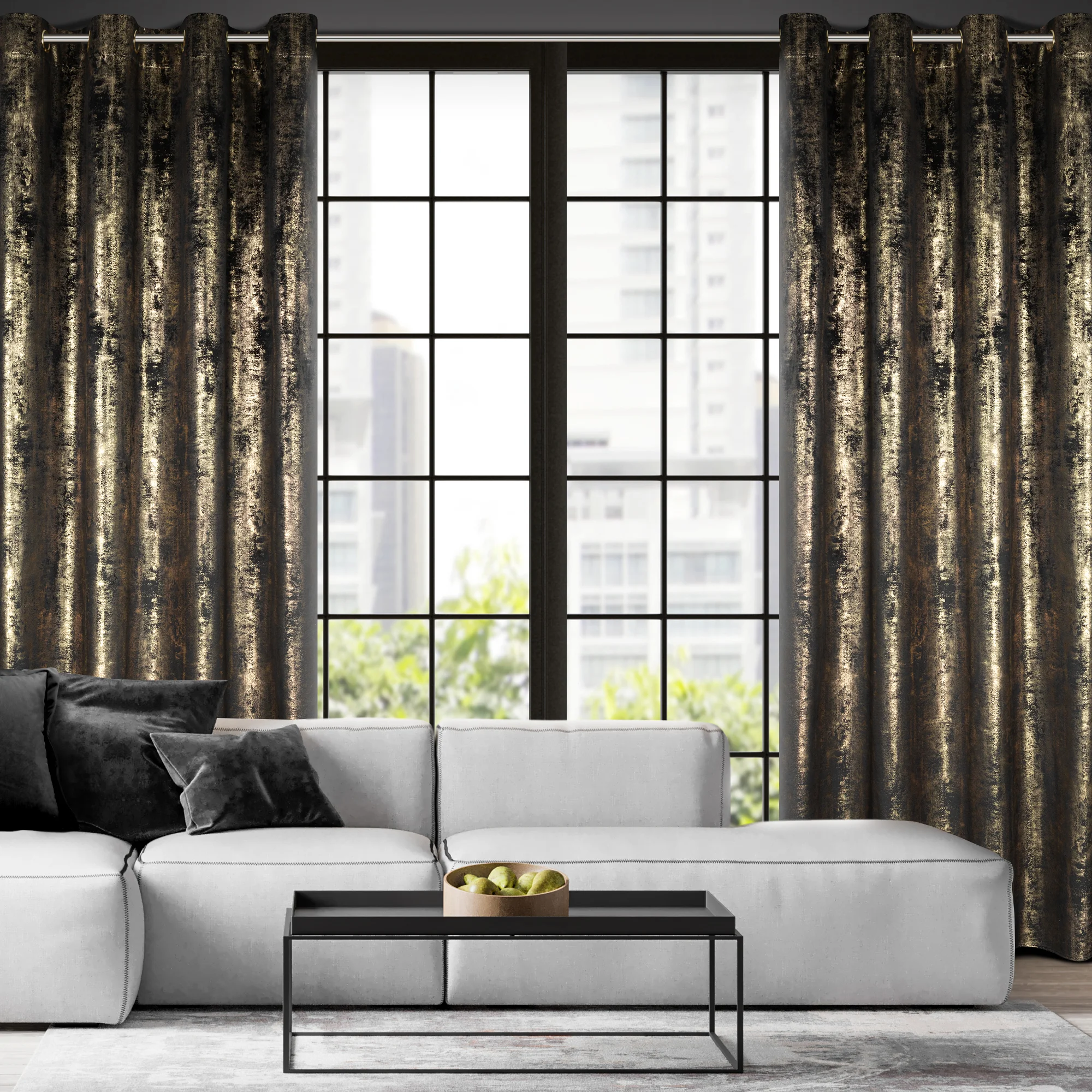 Zasłona welwetowa czarno, złota zdobiona przecieranym wzorem 140x250 cm przelotka - RENIA