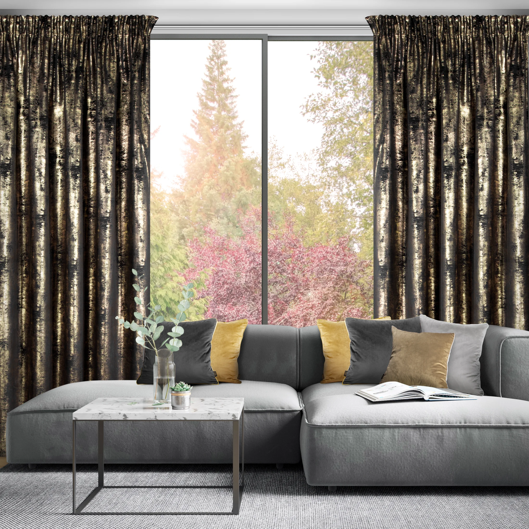 Zasłona welwetowa czarno, złota zdobiona przecieranym wzorem 140x270 cm taśma - RENIA