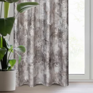 Zasłona welwetowa stalowo, beżowa zdobiona nadrukiem przecieranym 140x250 cm przelotka - ESTER