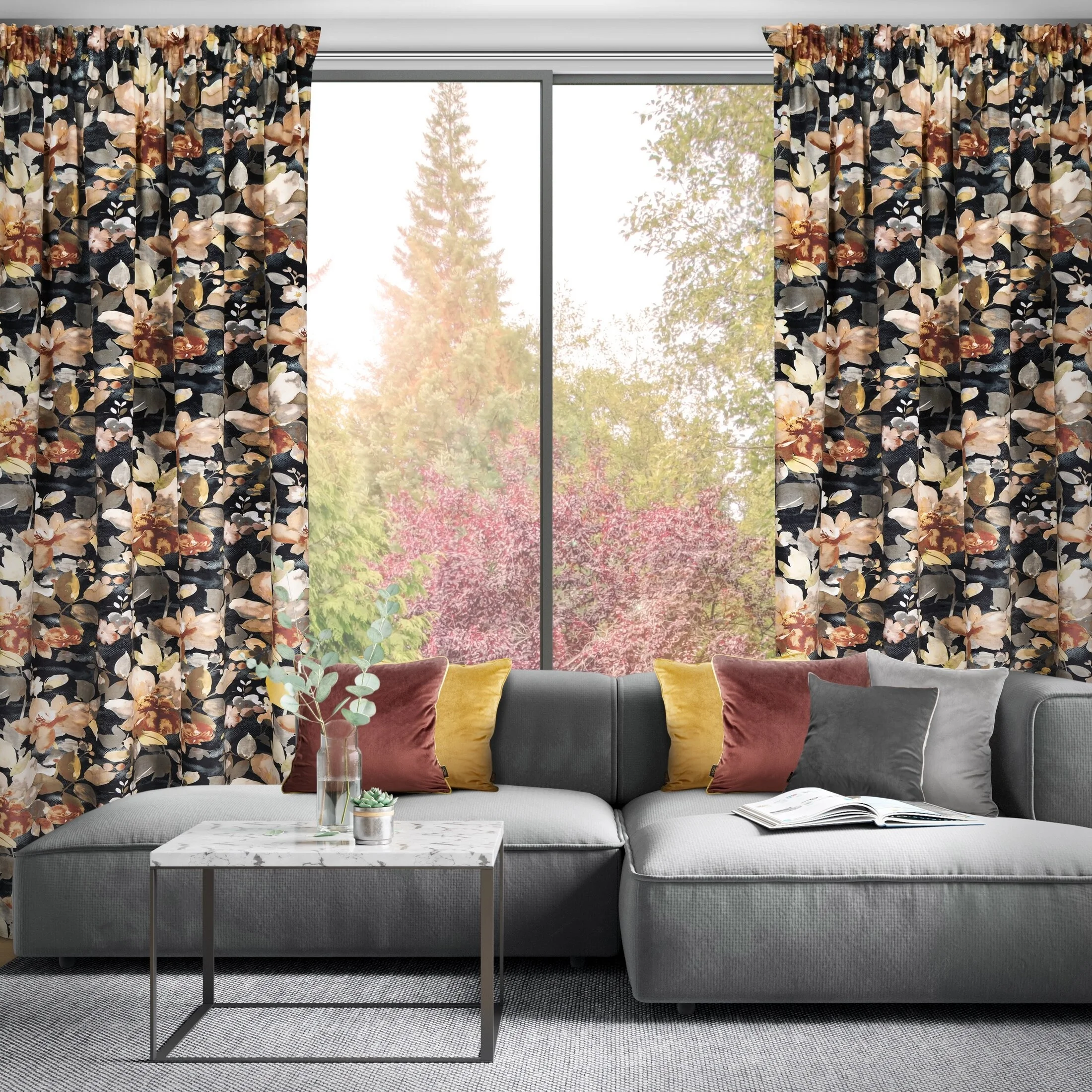 Zasłona welwetowa grafitowo, beżowa w kwiaty 140x300 cm taśma - BETTY