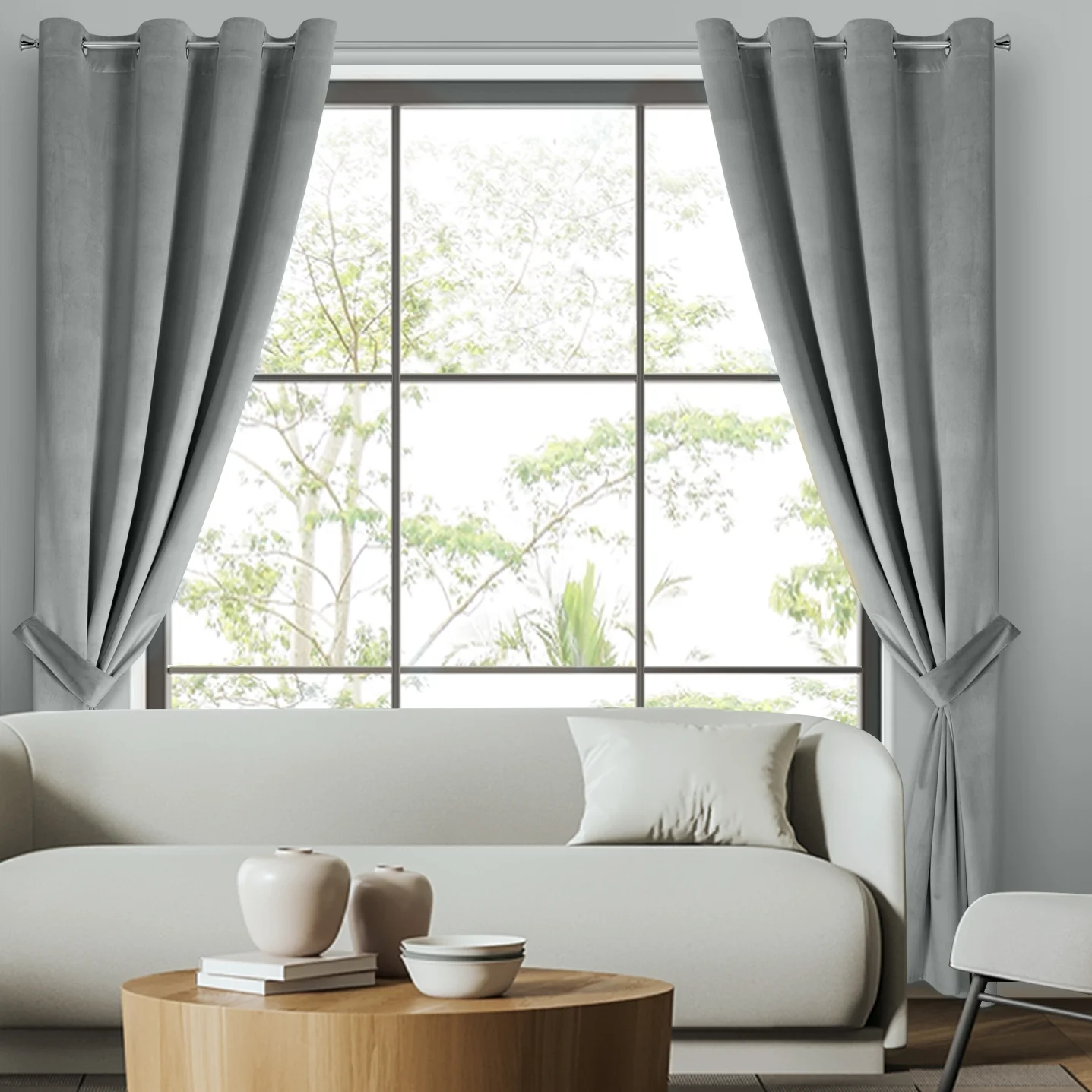 Zasłona welwetowa jasnoszara, troczek w zestawie 140x270 cm przelotka - ANTARA