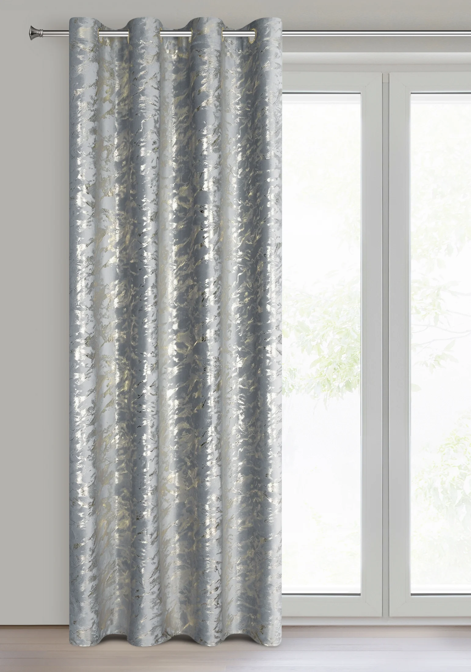 Zasłona welwetowa, stalowa z błyszczącym złotym nadrukiem 140x250 cm złota przelotka - DORIS - Design 91
