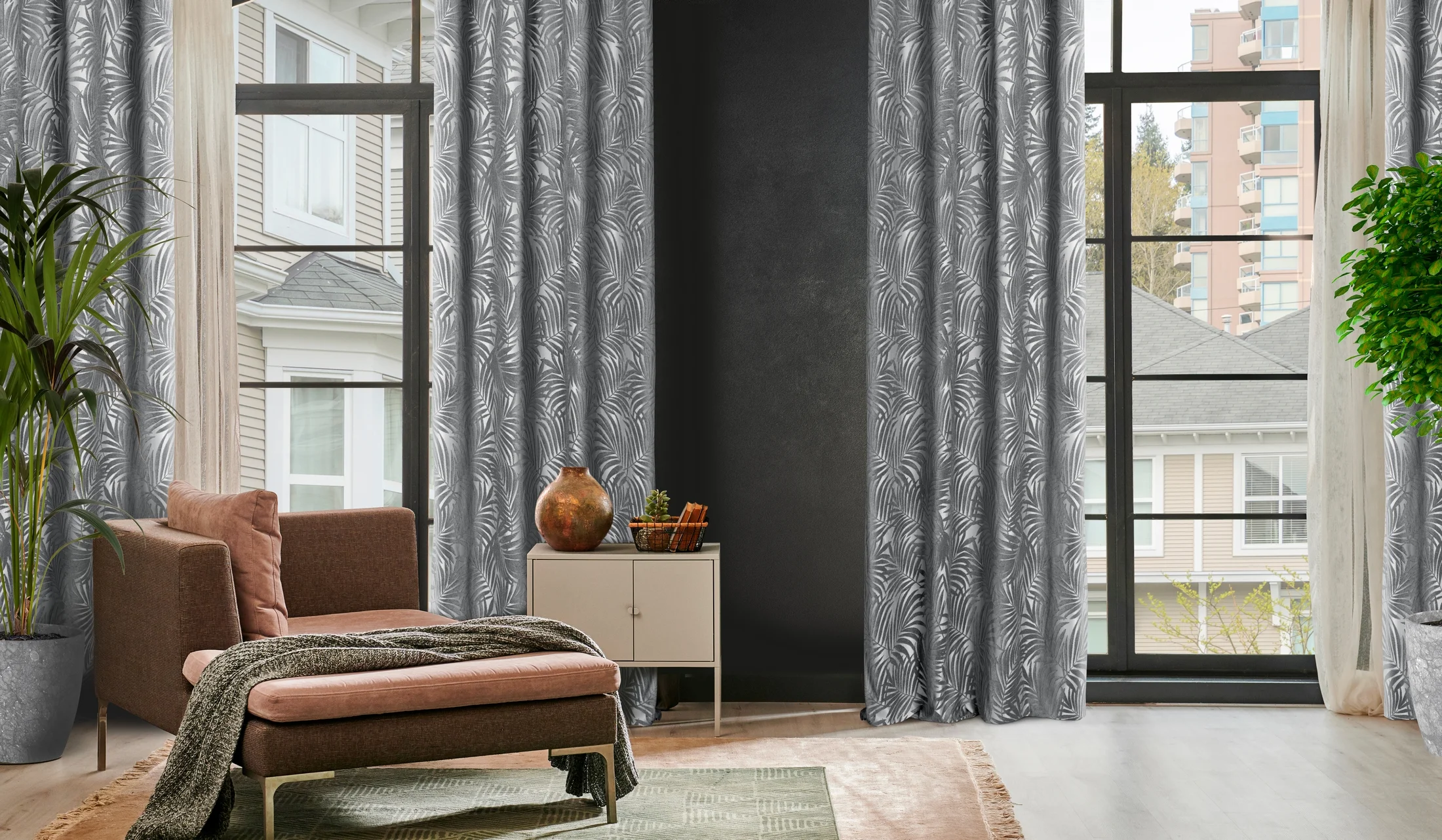 Zasłona welwetowa stalowa z trójwymiarowym wzorem liści 140x250 cm przelotka - LIVIA