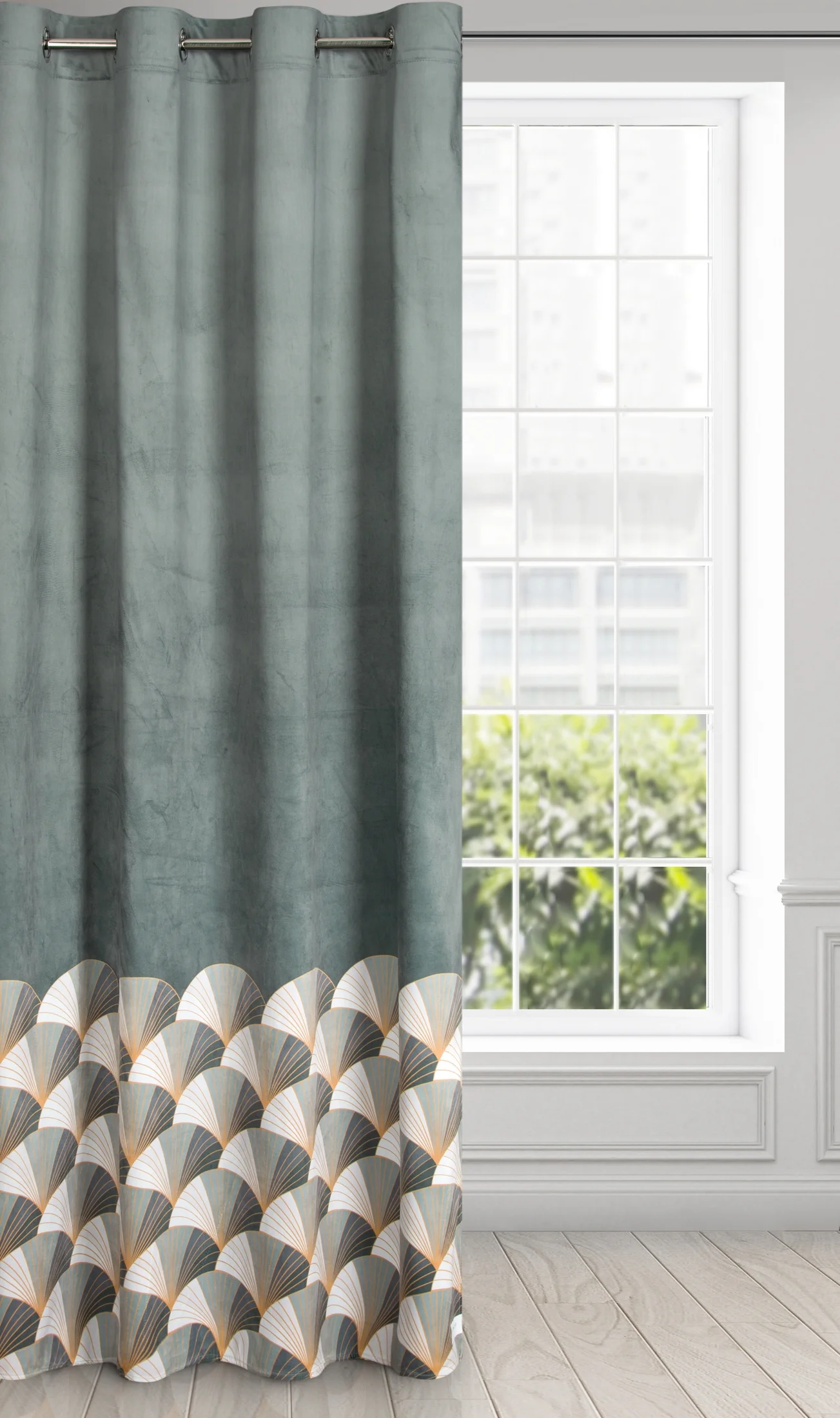 Zasłona welwetowa stalowo jasnoszara ze złotym wzorem 140x250 cm przelotka - GINA - Design 91