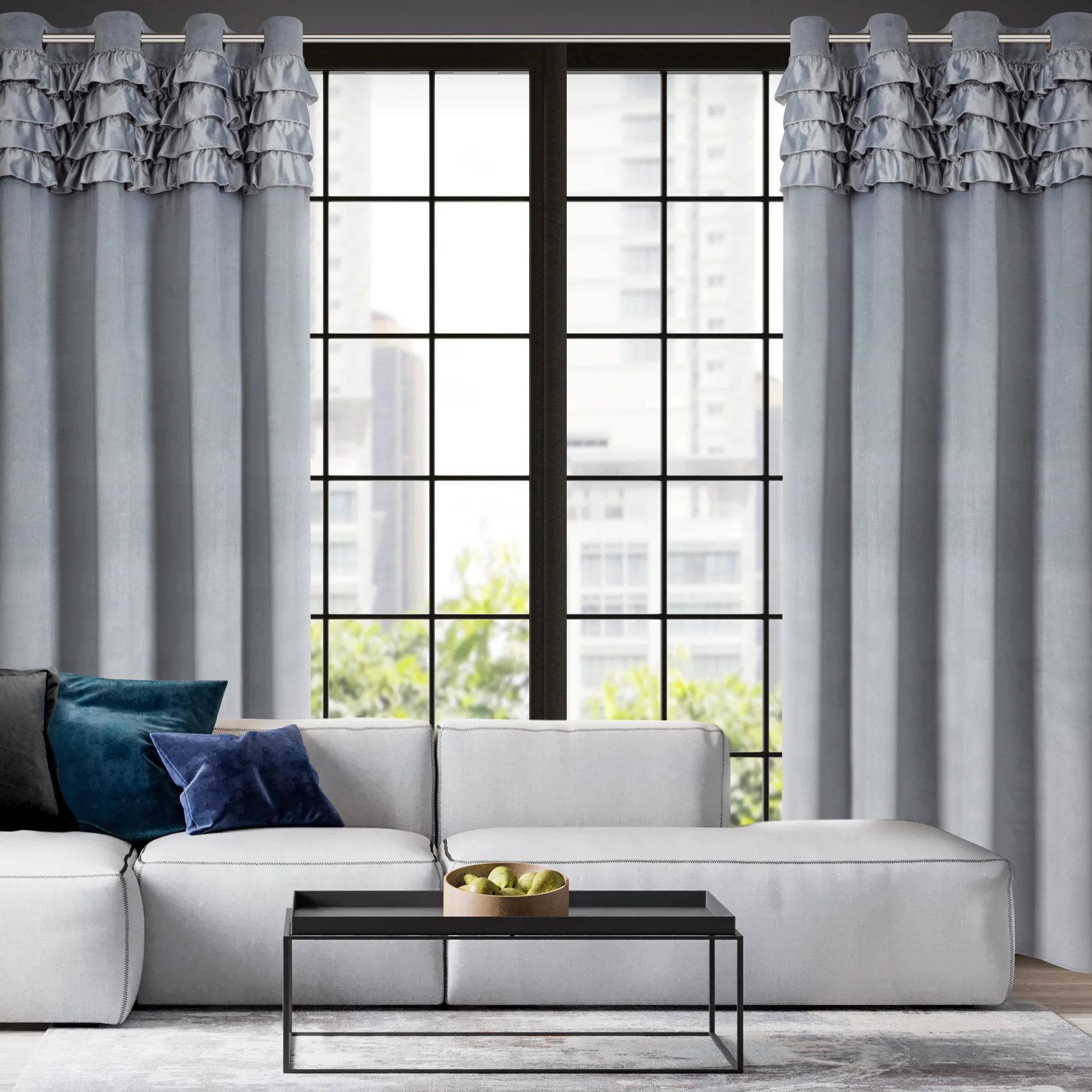 Zasłona welwetowa szara zdobiona falbanami 140x250 cm przelotka - ERIN