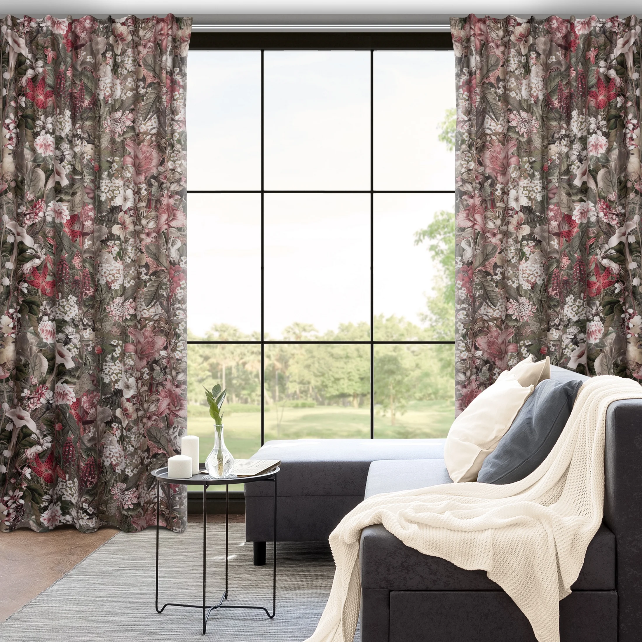 Zasłona welwetowa szarobeżowo, różowa z botanicznym wzorem i efektem 3D 140x270 cm taśma /szelki - GLORY