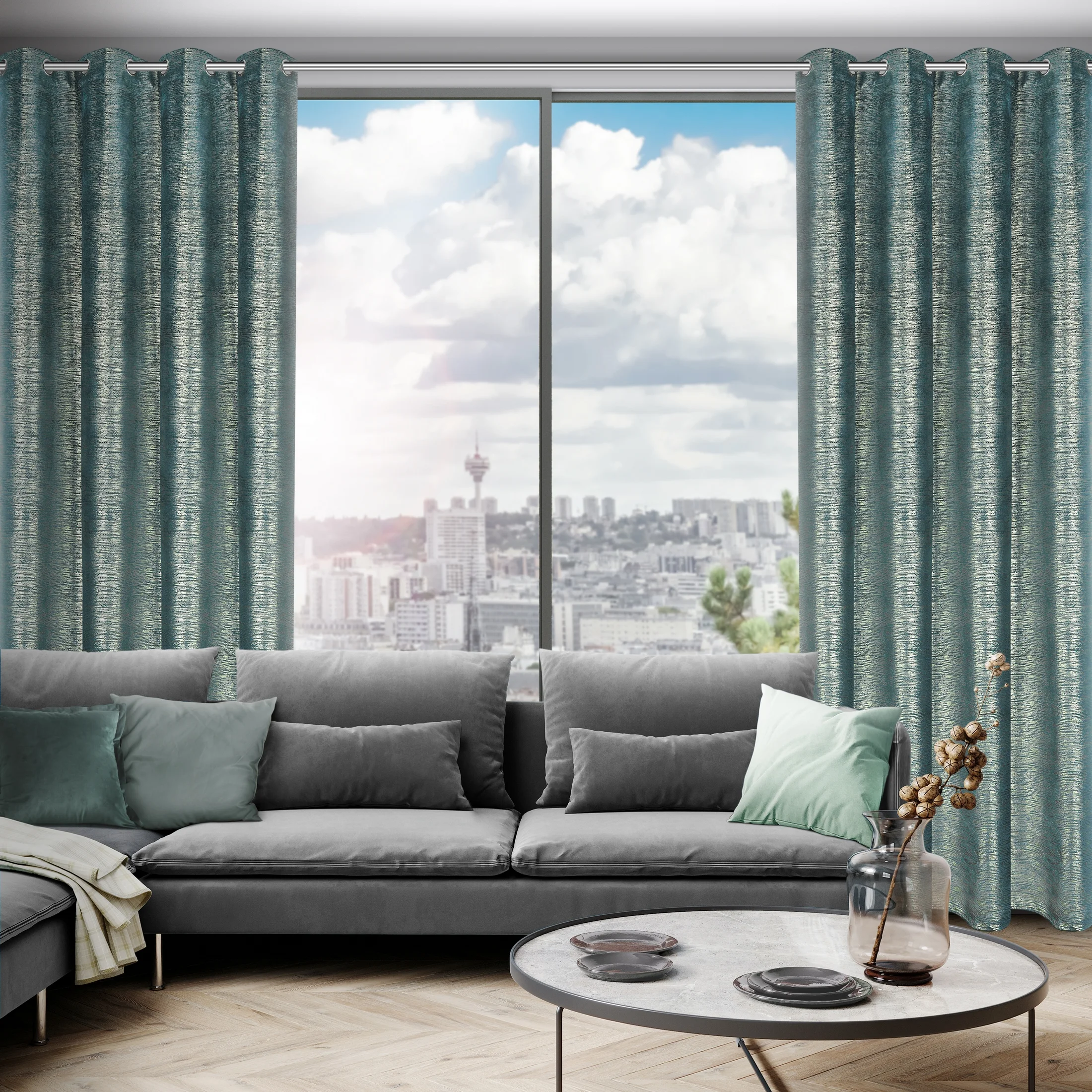 Zasłona welwetowa turkusowa z prążkowanym złotym wzorem 140x250 cm przelotka - AMABEL