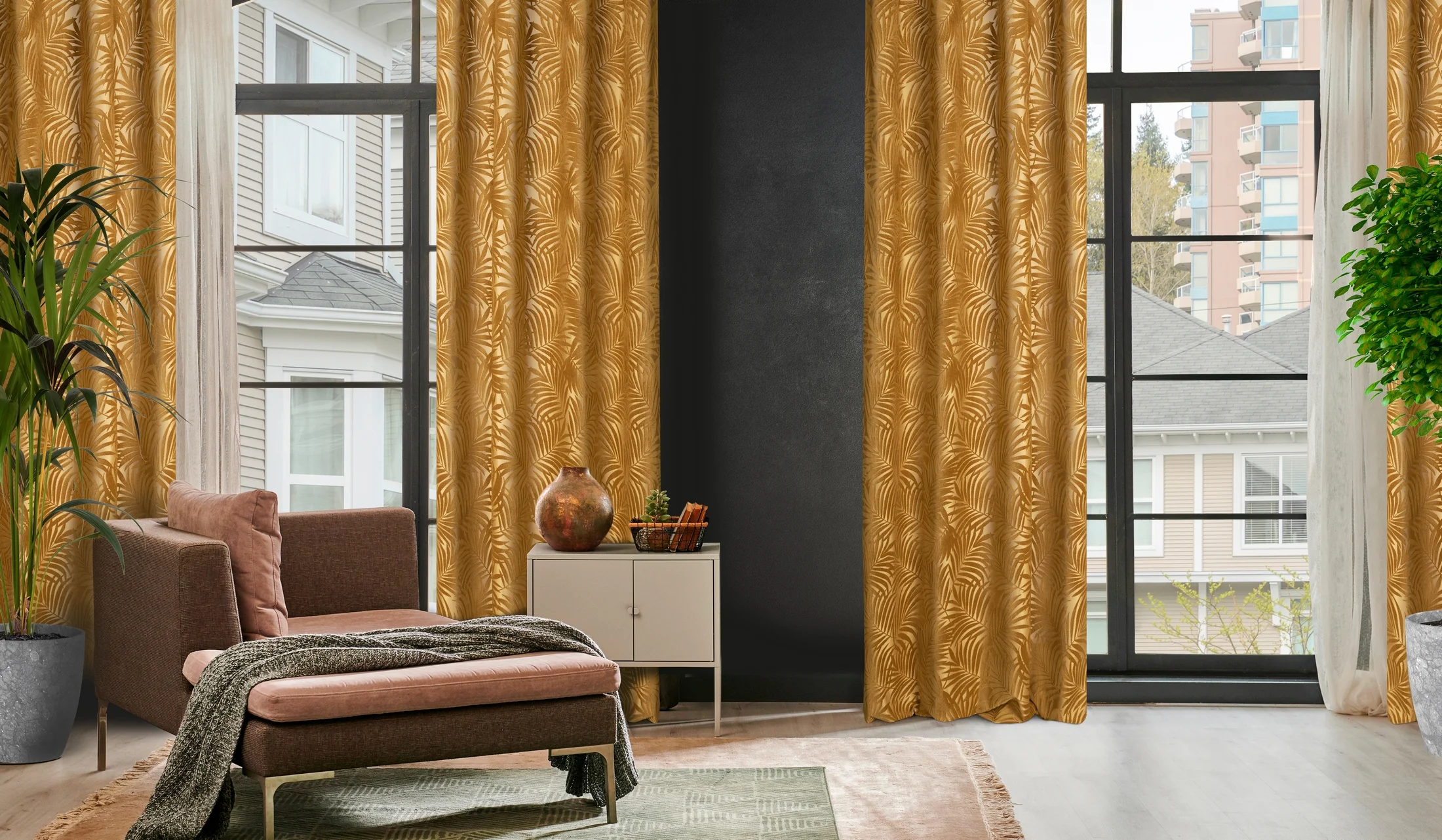 Zasłona welwetowa złocista z trójwymiarowym wzorem liści 140x250 cm przelotka - LIVIA