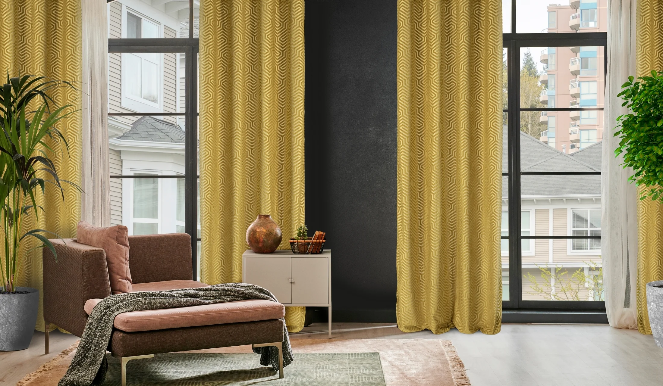 Zasłona welwetowa złota we wzór geometryczny 140x250 przelotka - INGA - Pierre Cardin