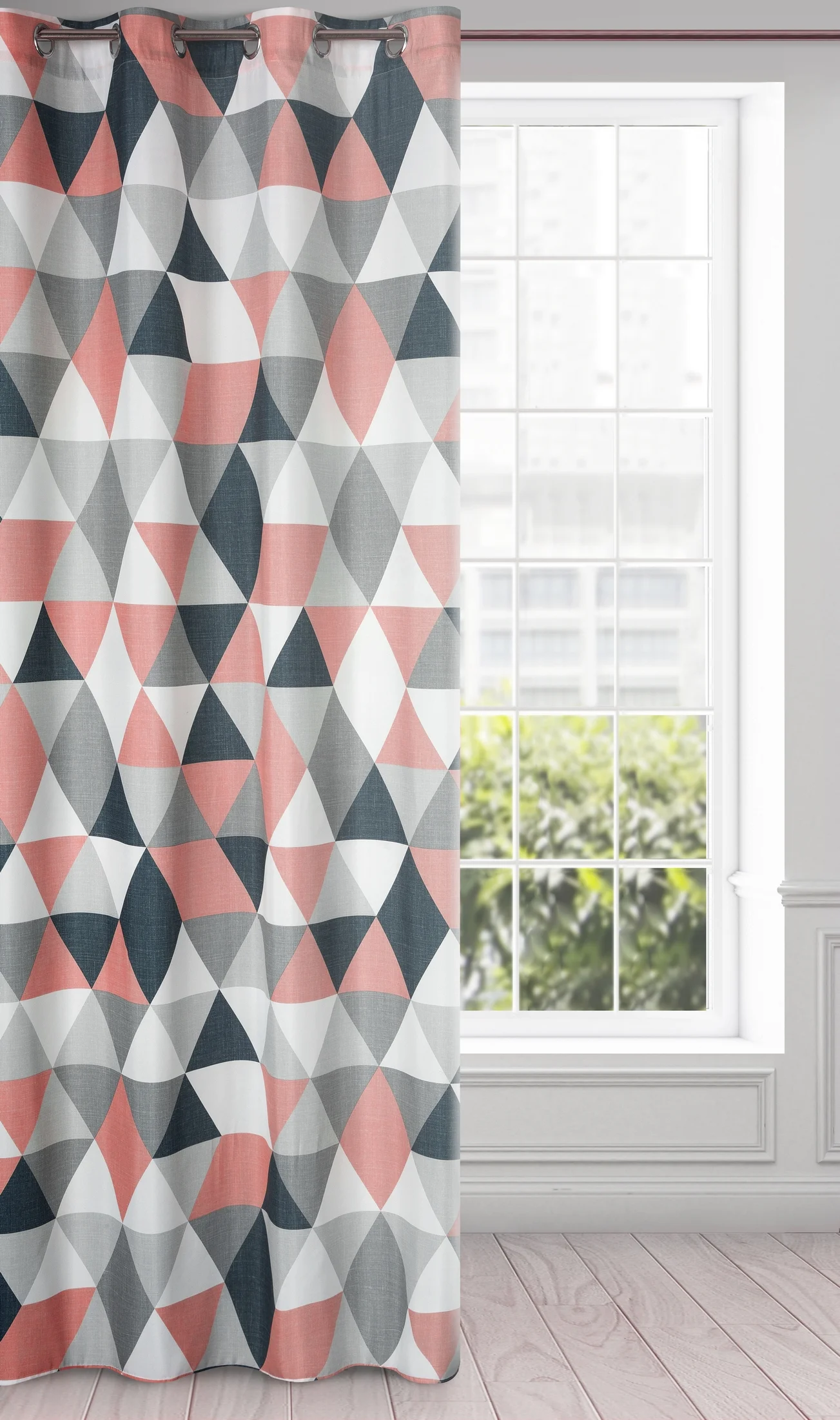 Zasłona biało, ciemnoróżowa z geometrycznym wzorem 140x250 cm przelotka - ADINA