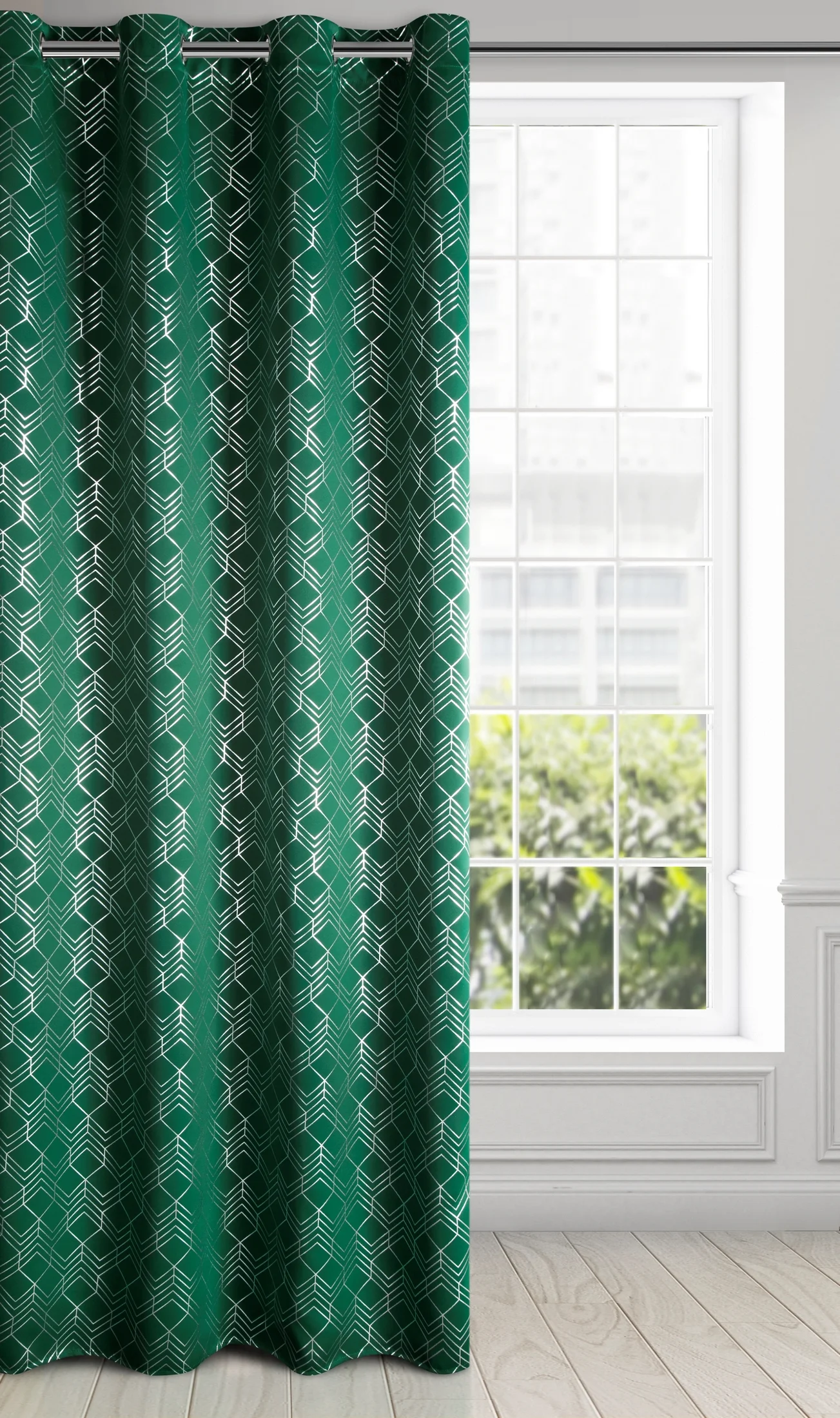 Zasłona zielono, srebrna zaciemniająca ze wzorem geometrycznym 140x250cm przelotka - POLI - Design 91
