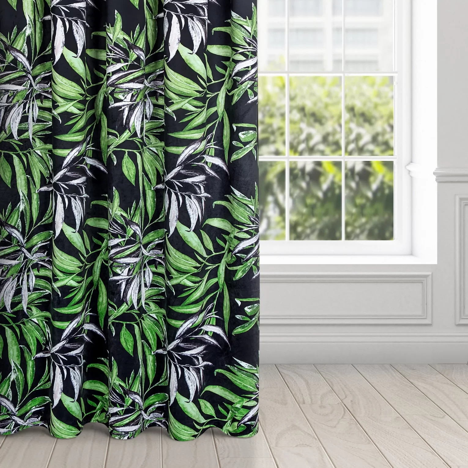 Zasłona welwetowa czarno, zielona w stylu botanic 140x270 cm taśma - ZOJA