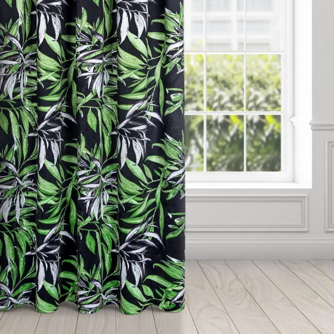 Zasłona welwetowa czarno, zielona w stylu botanic 140x270 cm taśma - ZOJA