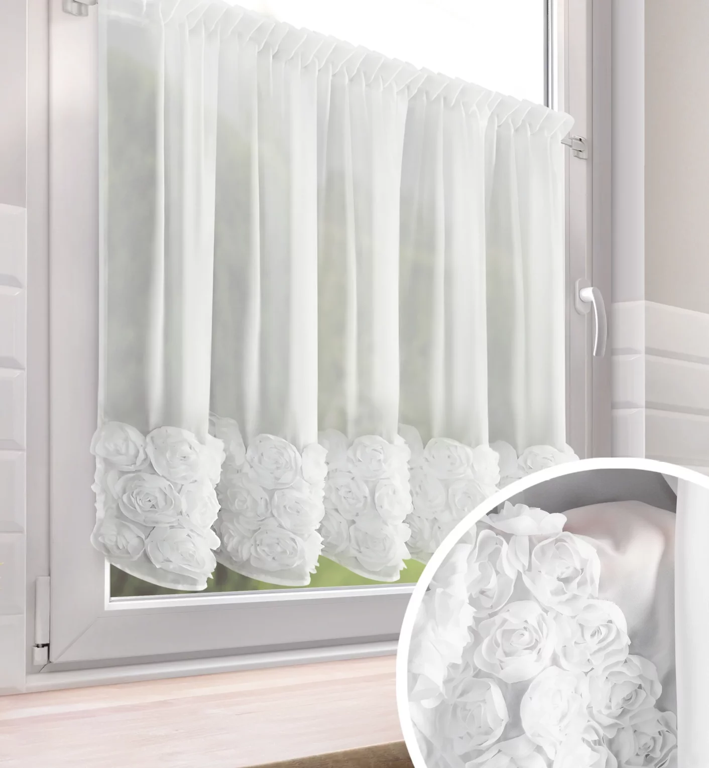 Zazdrostka biała z szyfonu zdobiona różami 3D 150x90 cm taśma - ROSES Eva Minge