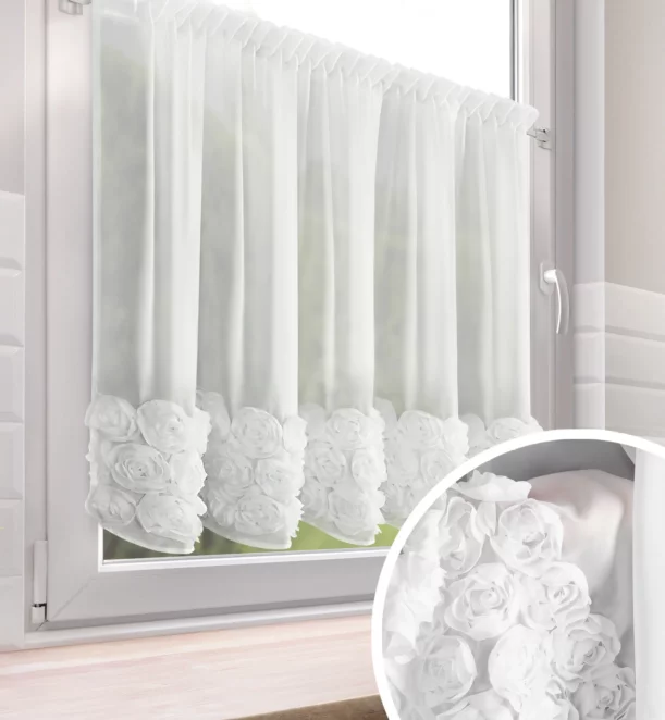 Zazdrostka biała z szyfonu zdobiona różami 3D 150x90 cm taśma - ROSES Eva Minge