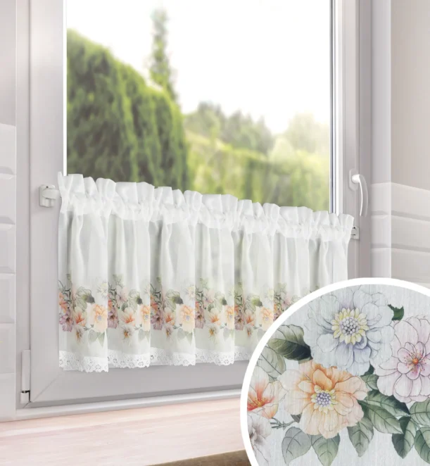 Zazdrostka biało, fioletowa z etaminy zdobiona nadrukiem letnich kwiatów 30x150 cm FLOWERY