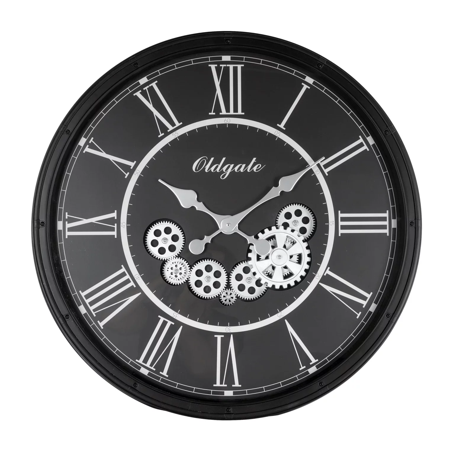 Zegar ścienny biało-czarny w stylu retro z ruchomymi kołami zębatymi średnica 72x8 cm