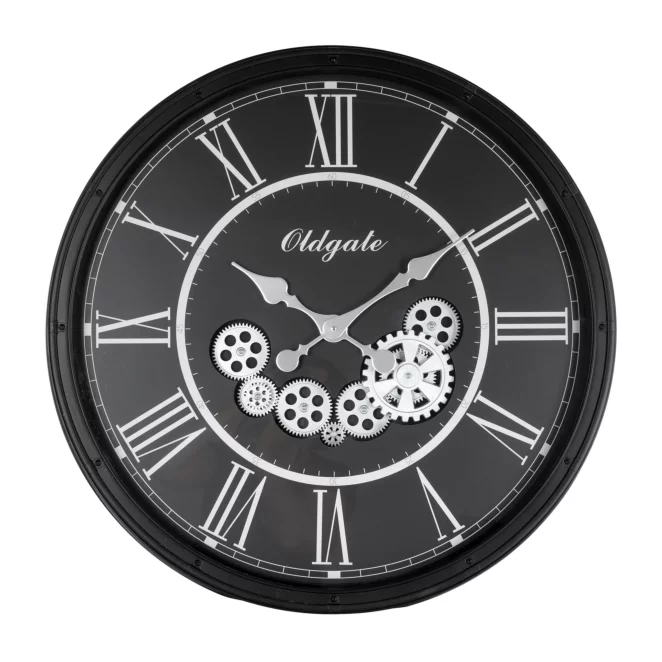 Zegar ścienny biało-czarny w stylu retro z ruchomymi kołami zębatymi średnica 72x8 cm