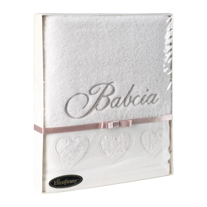 Zestaw upominkowy, ręcznik bawełniany 50x90 cm kolor kremowy z haftem BABCIA