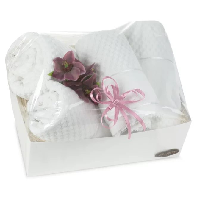 Zestaw ręczników bawełnianych na prezent 2 szt 50x90 cm, 2 szt 70x140 cm kolor biały z ozdobną bordiurą