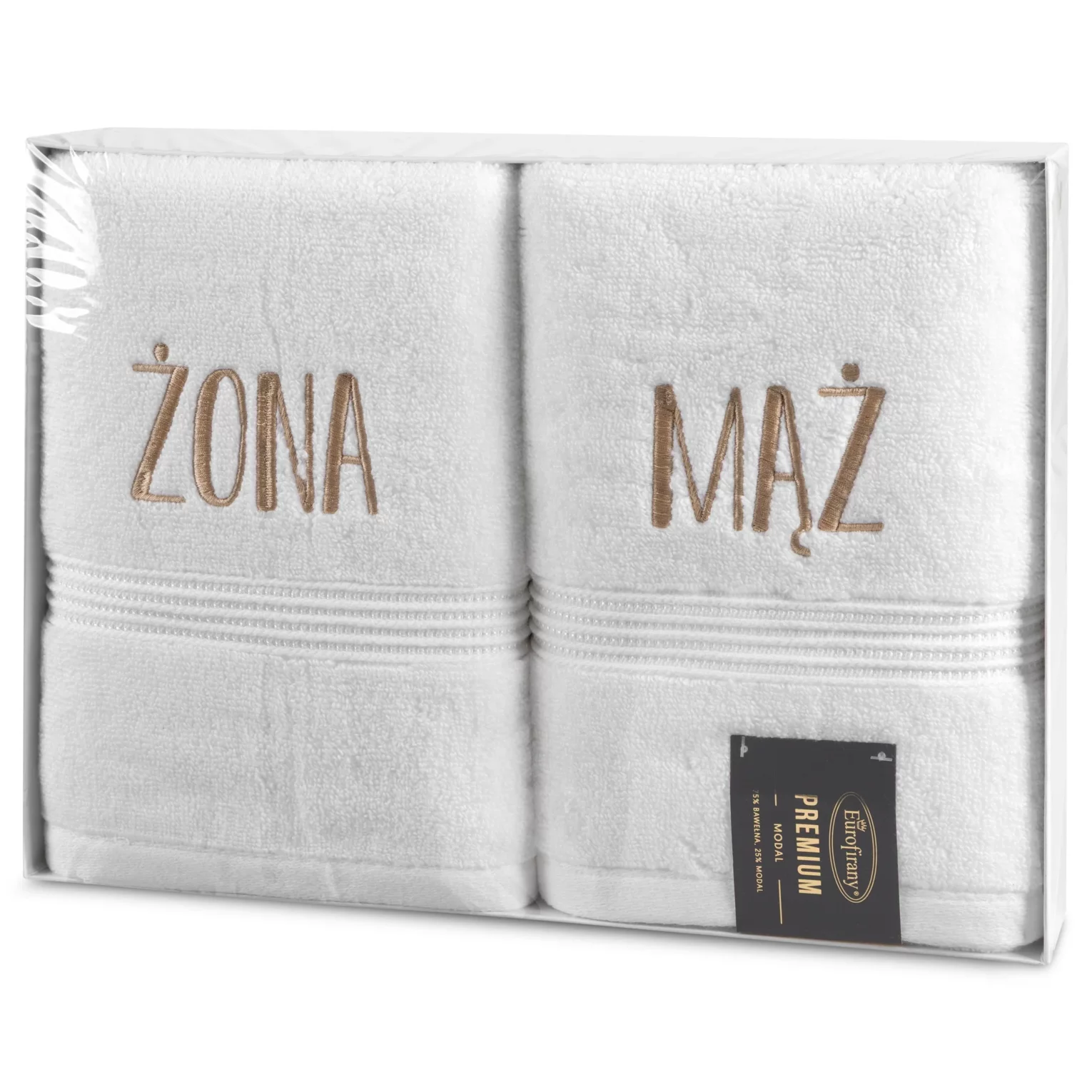 Zestaw ręczników bawełnianych na prezent 2 szt 50x90 cm kolor biały z haftem ŻONA MĄŻ