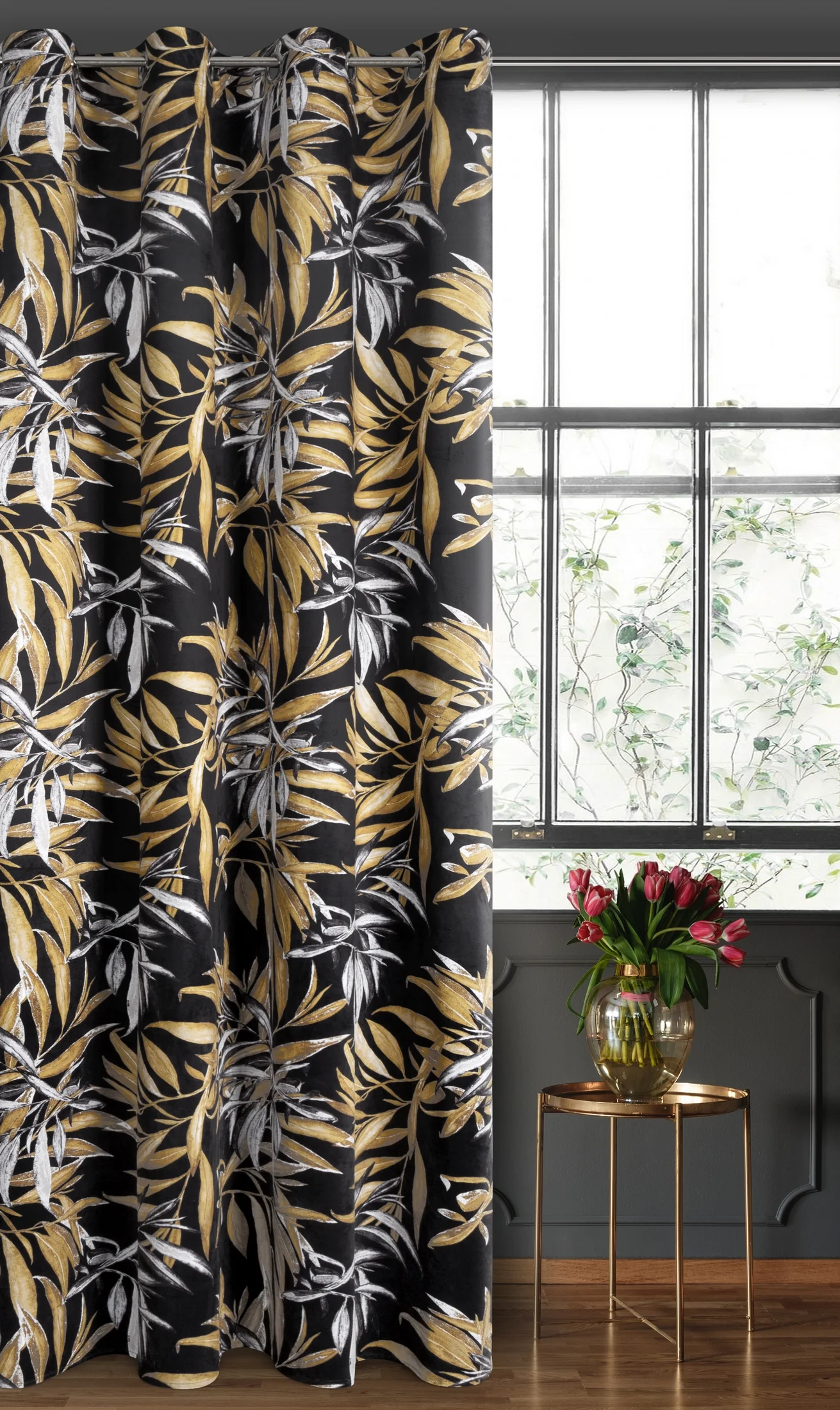 Zasłona welwetowa czarno, beżowa w stylu botanic 140x250 cm przelotka - ZOJA