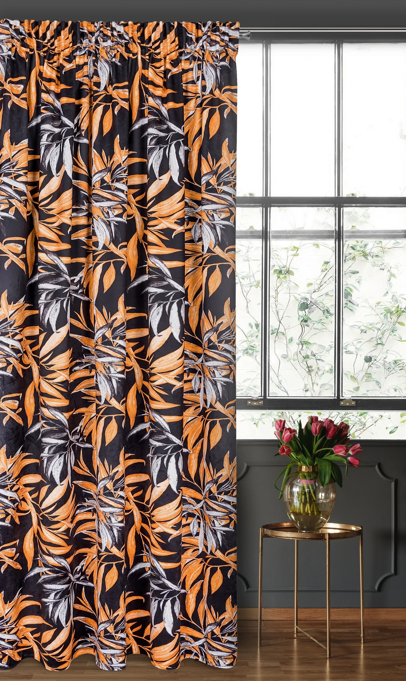 Zasłona welwetowa czarno, ruda w stylu botanic 140x270 cm taśma - ZOJA