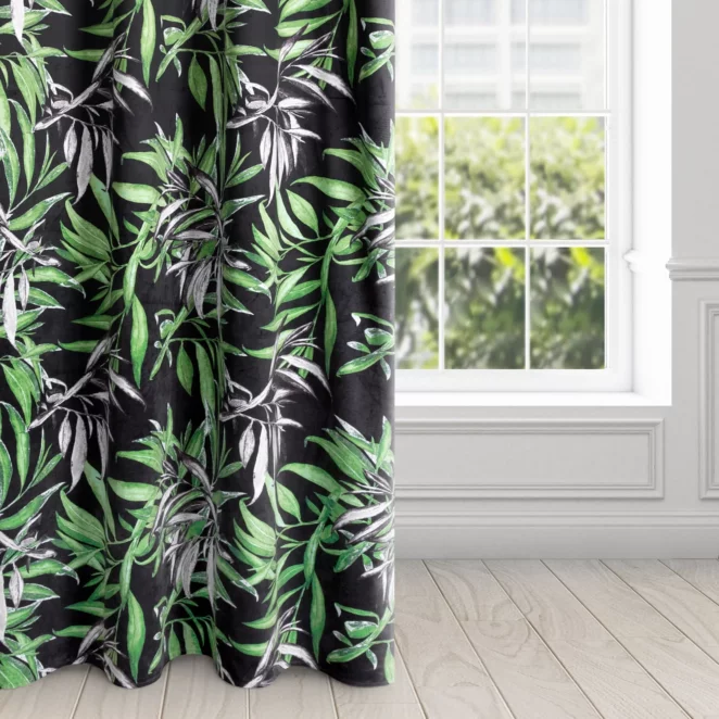 Zasłona welwetowa czarno, zielona w stylu botanic 140x250 cm przelotka - ZOJA