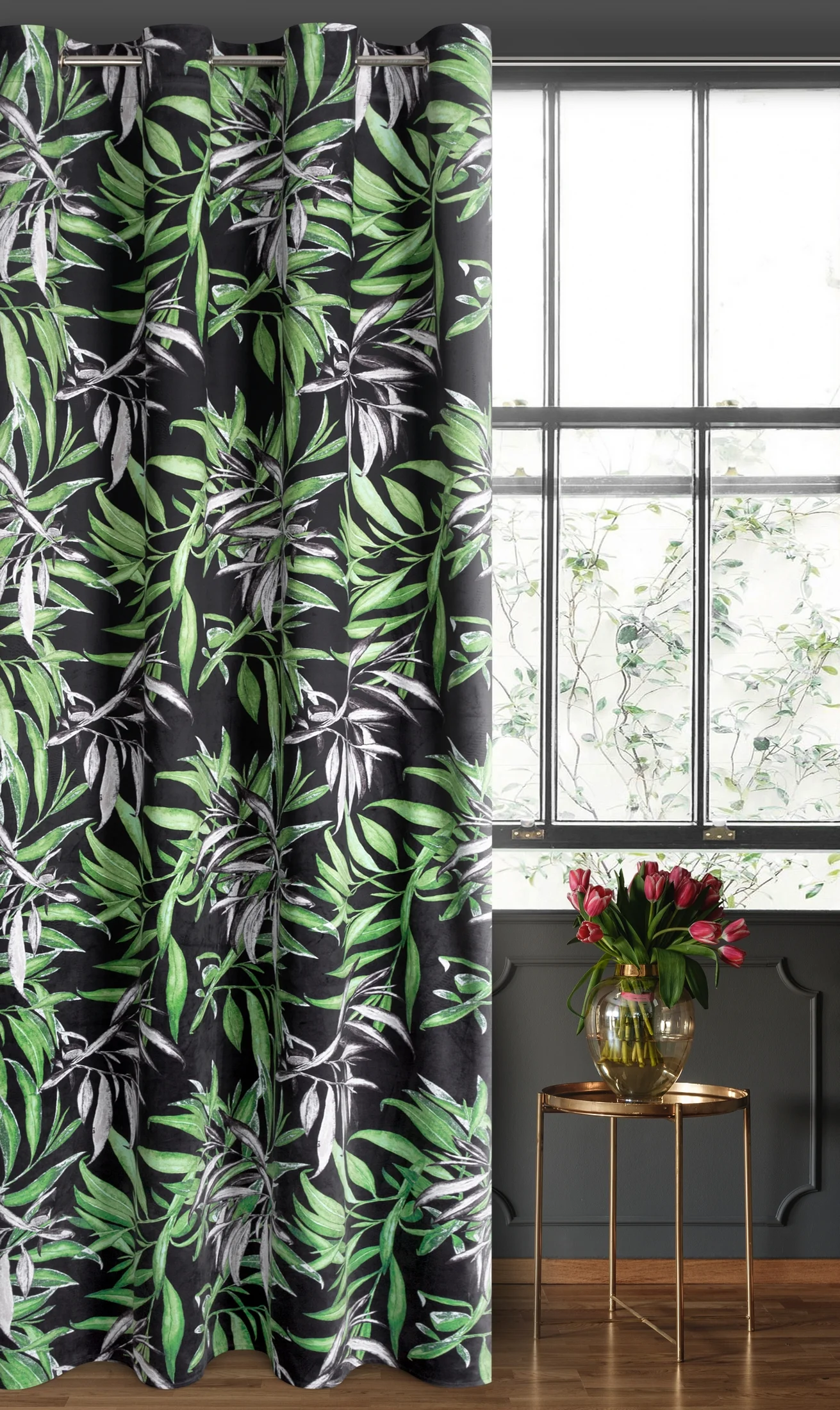 Zasłona welwetowa czarno, zielona w stylu botanic 140x250 cm przelotka - ZOJA